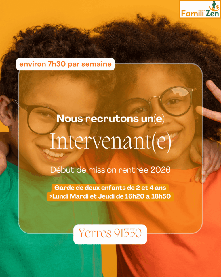 Poster recruiting interventionists for 2026, featuring two smiling children against an orange background with the FamiliZen logo and Yerres 91350 in a white badge.