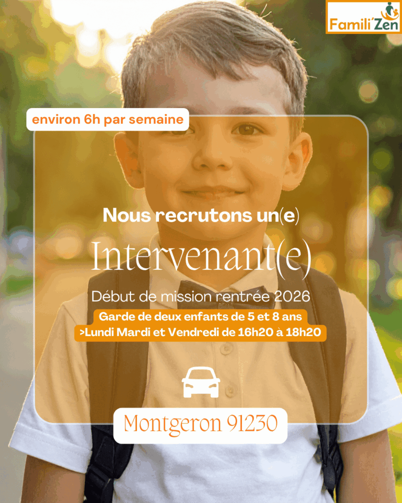 Young boy with backpack outdoors, overlaid with recruitment text in French: 'Nous recrutons un(e) Intervenant(e)' and schedule; includes Famili Zen logo in corner.