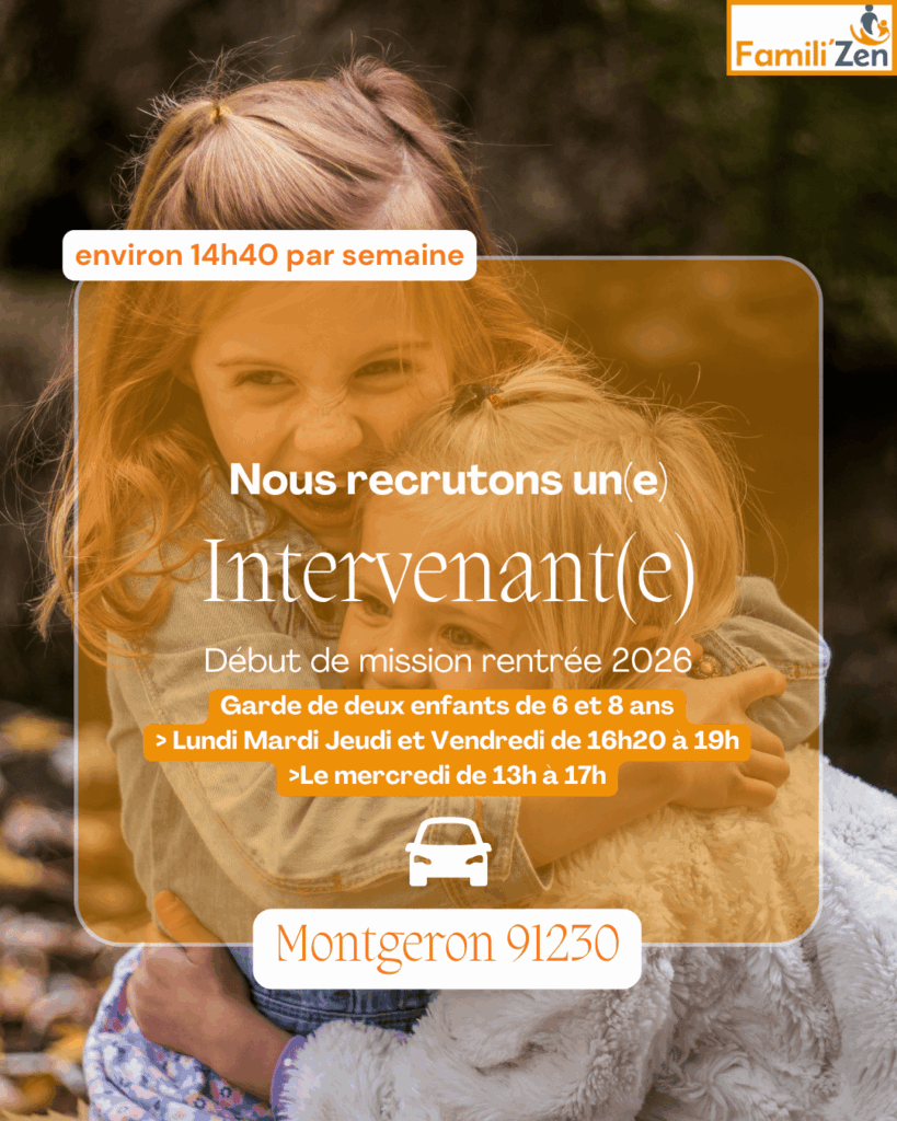 Two children hug beneath an orange overlay announcing recruitment for an Intervenant(e) starting in 2026, Montgeron 91230, with the schedule details.
